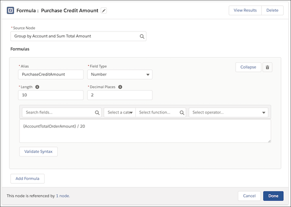 Calculate purchase credit amount in a Formula node.