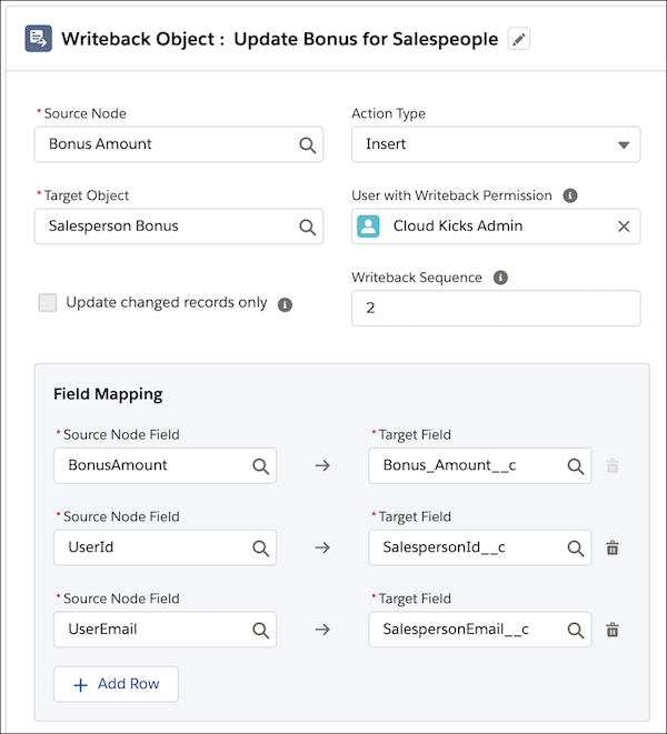 The Writeback Object node with Salesperson Bonus as writeback object.