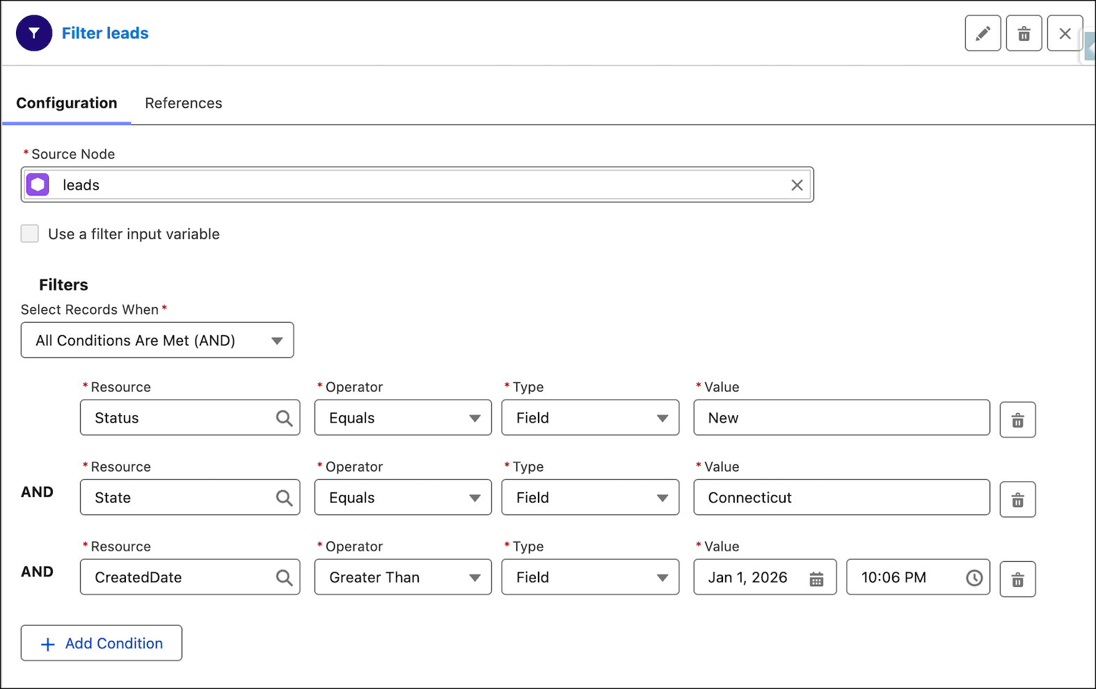 Filter node with AND operator in filter conditions
