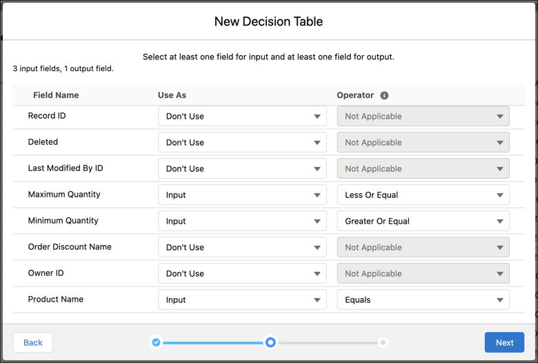 Second window while creating a Decision Table.