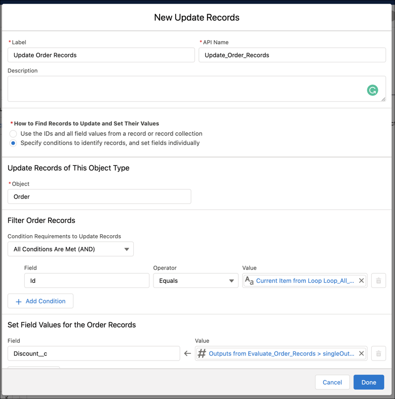 Update Records action in a flow.