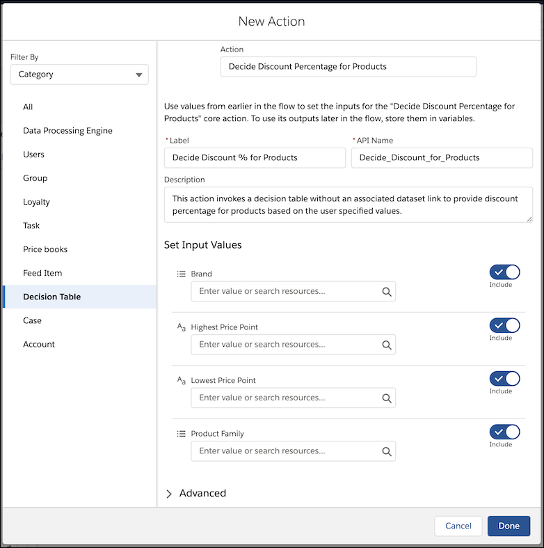 Invoke a decision table without a dataset link.