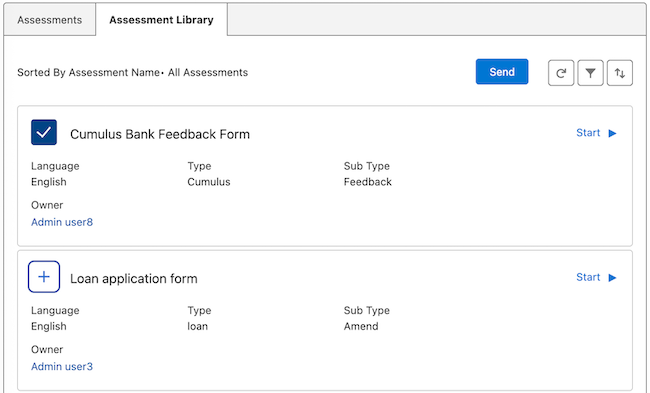 Assessment Components Lightning web component showing the Assessment Library tab.