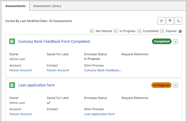 Assessments Lightning web component showing the status of assessments.