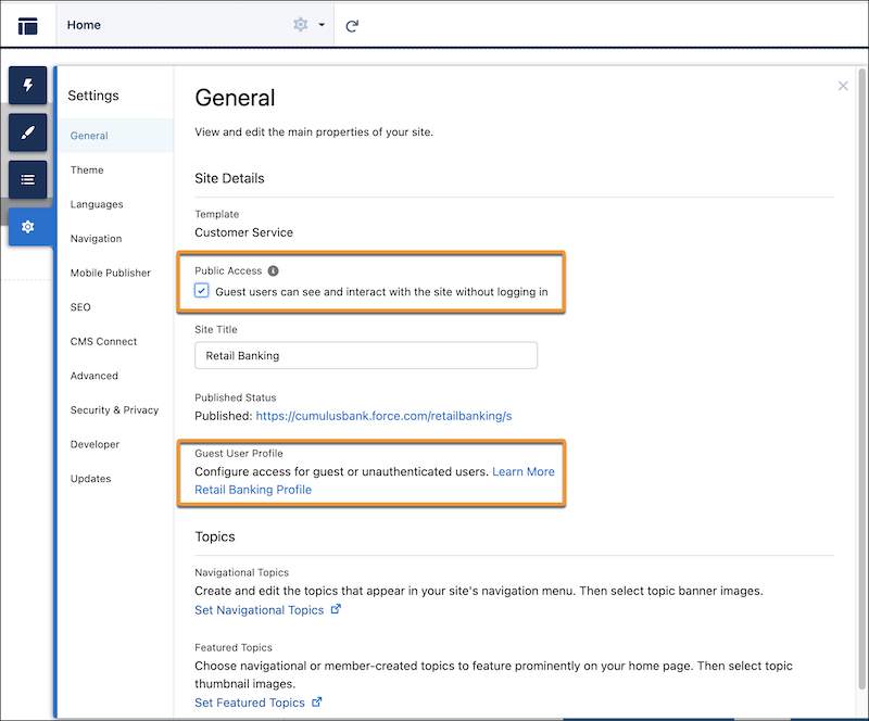 The General settings page with Public Access selected and the Guest User Profile highlighted.