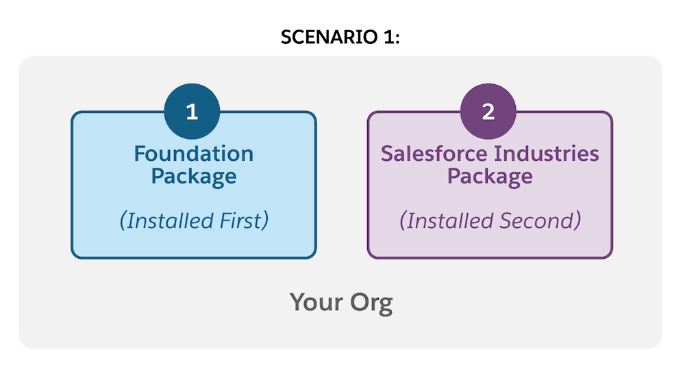 Scenario 1: Foundation package installed first, Salesforce Industries package installed second.
