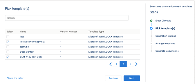 On the pick a template window select the templates that you want to use for document generation.