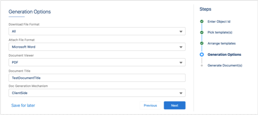 On the Generations Options window, you can select the options to download, attach, generate documents, and generate the .pdf file.