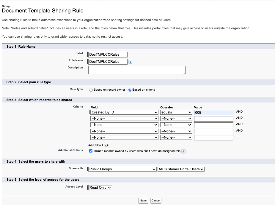 Illustrates document template sharing rule settings.