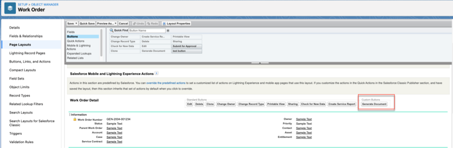The Work Order layout with the Generate Document button highlighted.