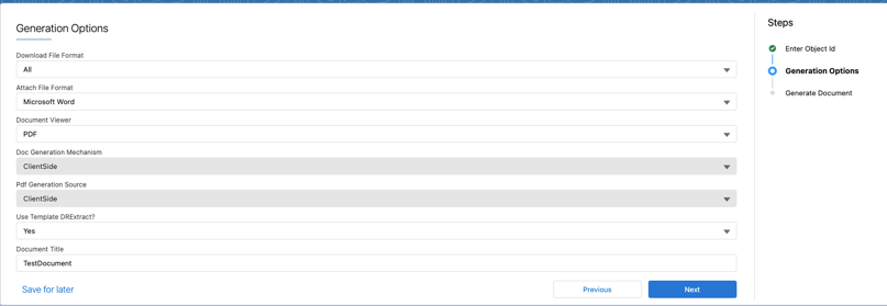 The Generation Options page.