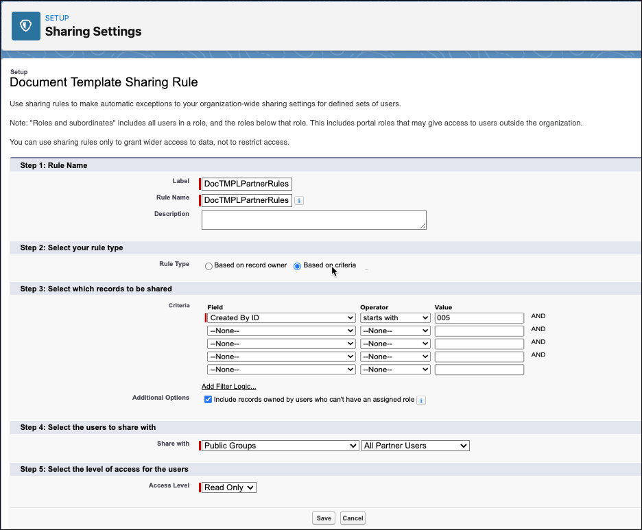Document Template Sharing Rule window
