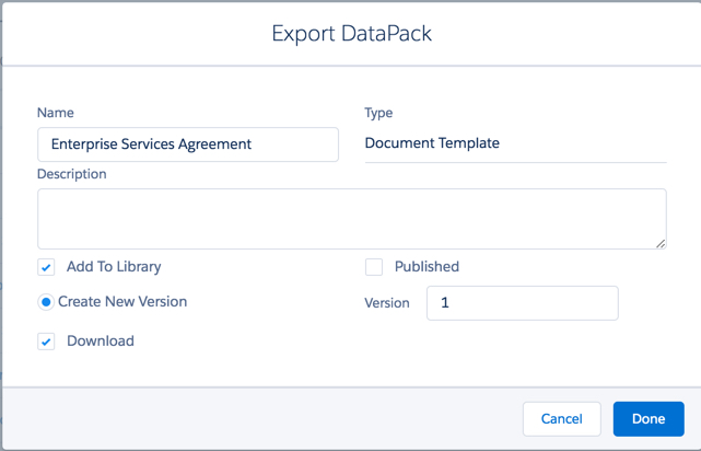 The Export DataPack window.