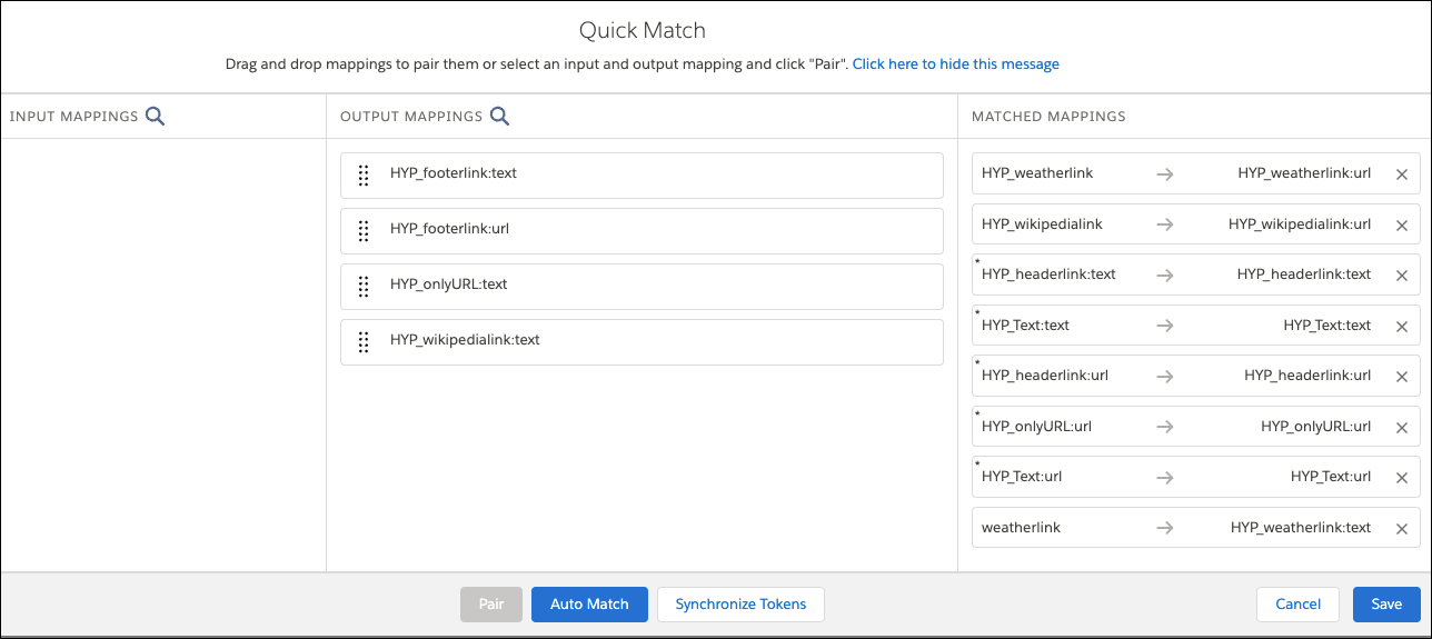 Drag fields on the matched mappings columns to match the fields manually.