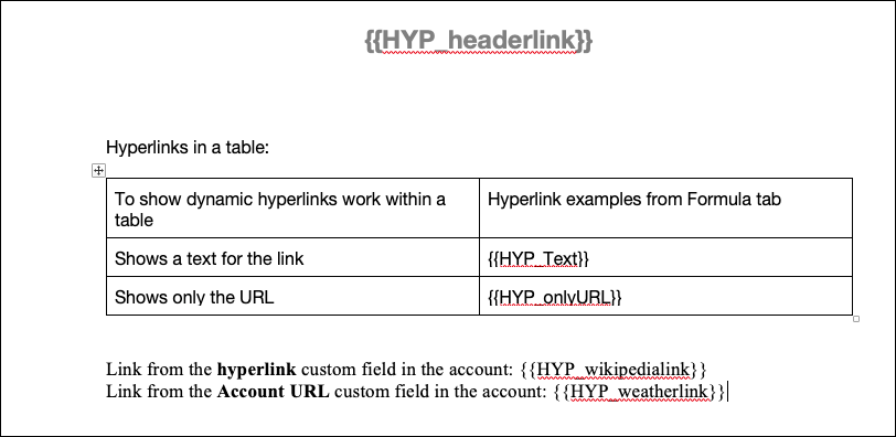 The document template has the hyperlink tokens.