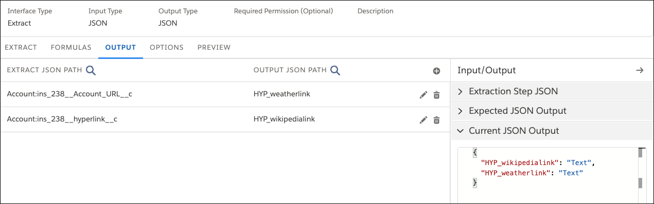 Data mapping from the extraction step JSON to the output JSON on the Output tab