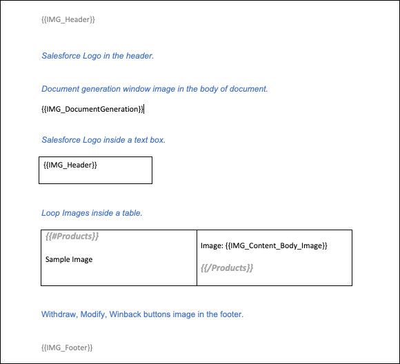 A document template that has image tokens inserted within a header, table, and body of a document