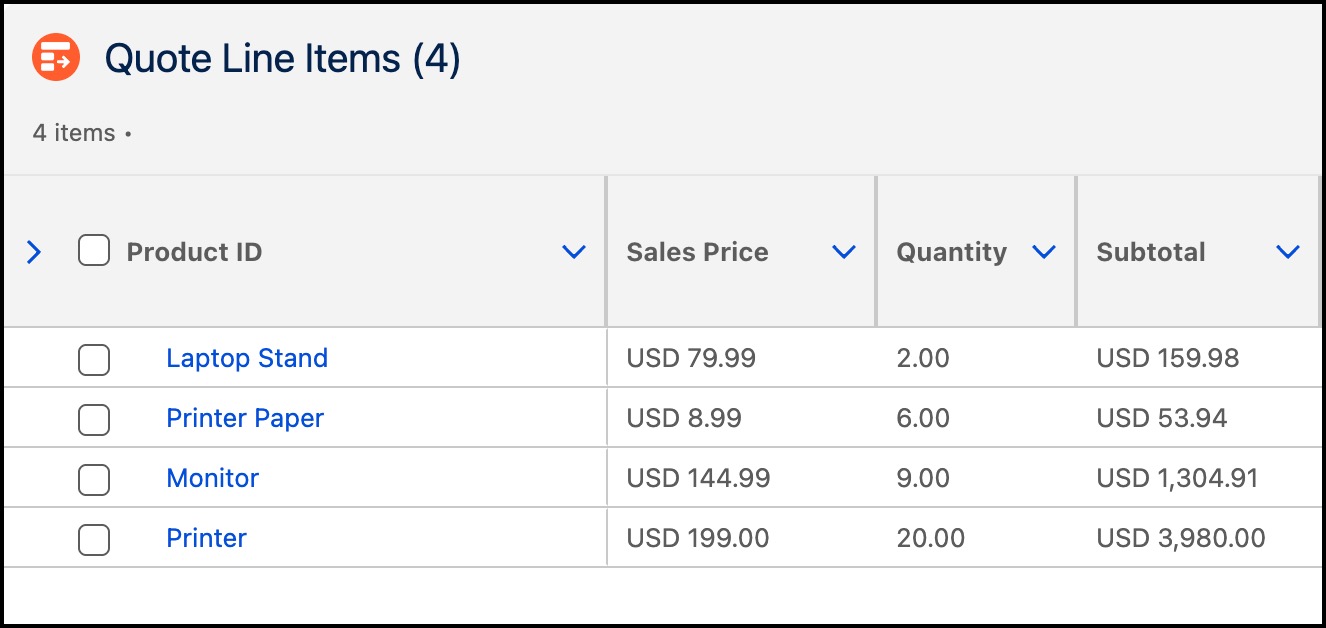 Quote line items showing Quantity and Unit Price values used to calculate total price.