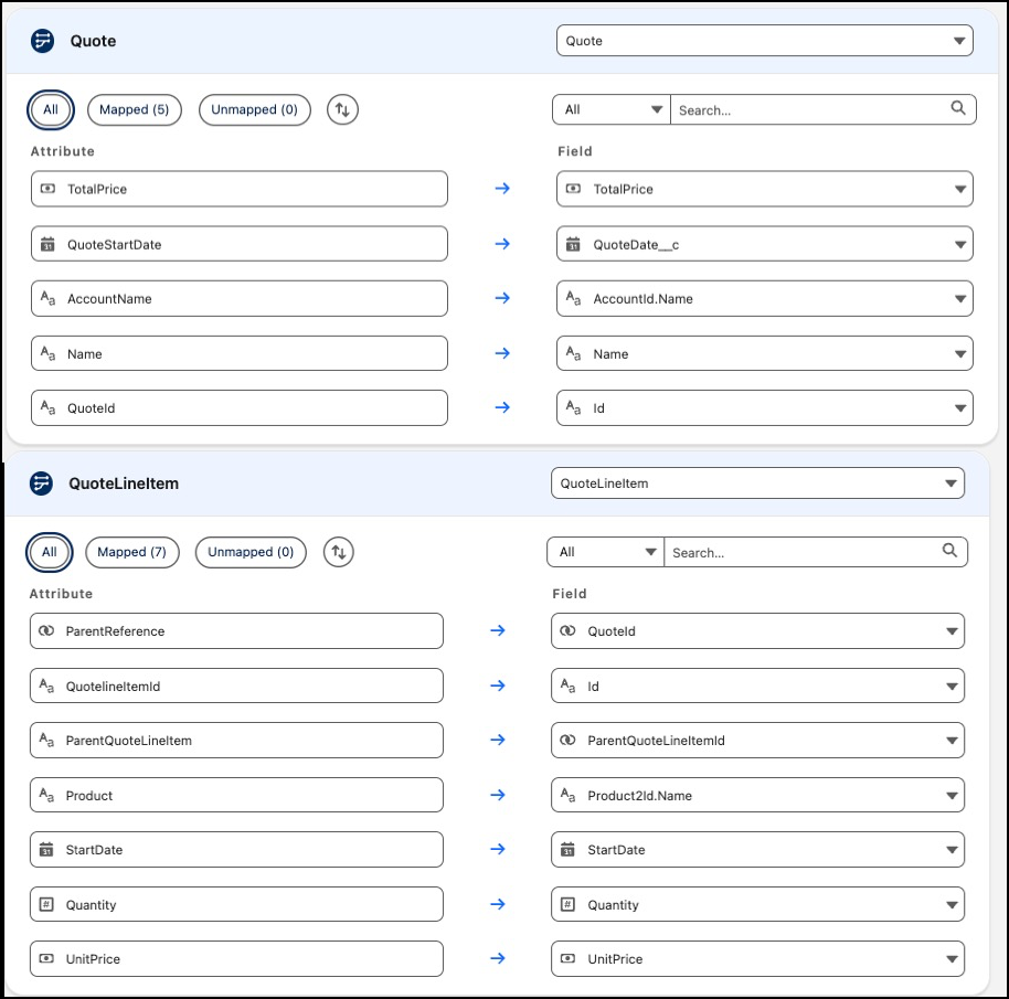 Field mapping for Quote and Quote Line Item showing identifier and parent reference fields.
