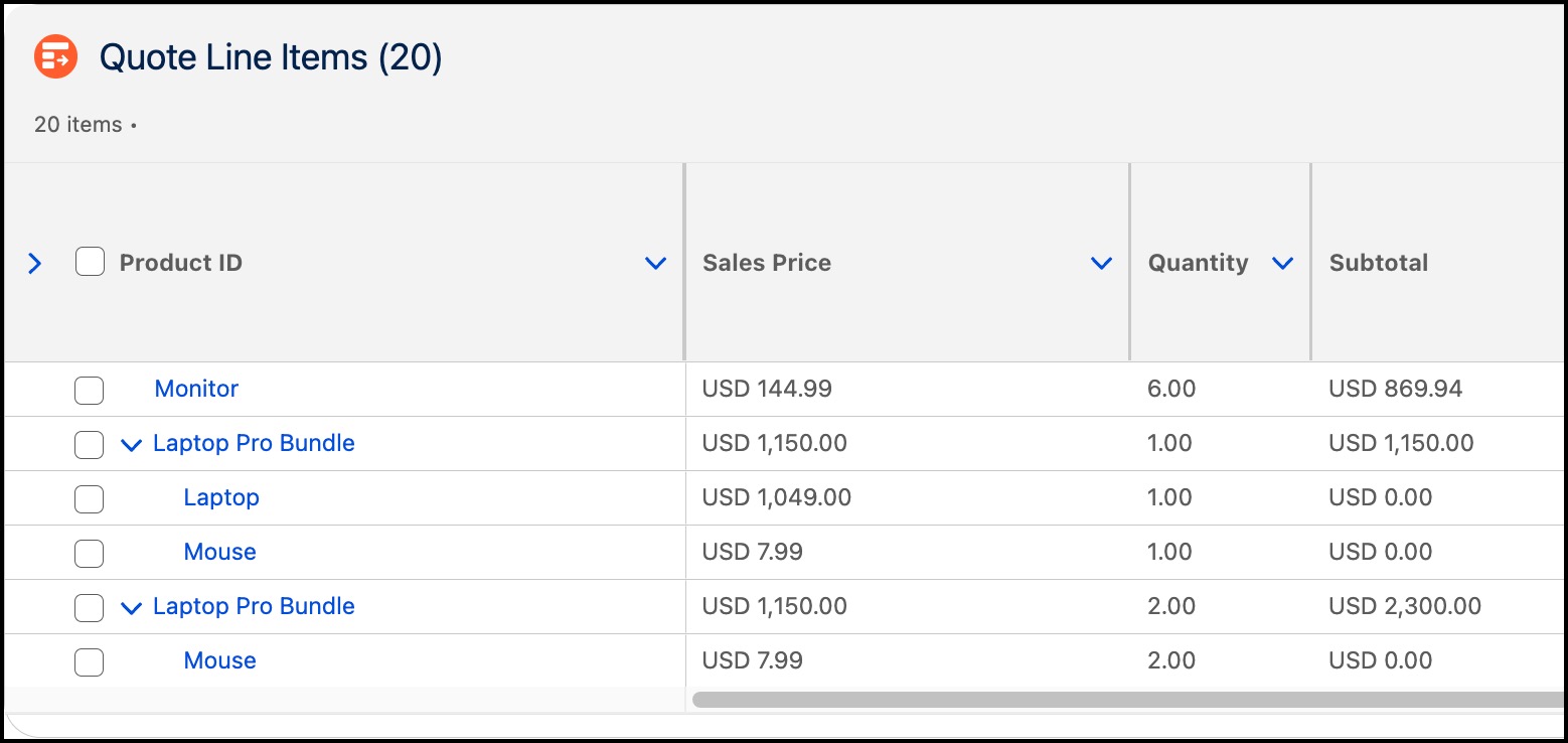 Quote line items showing standalone products and bundle products with pricing and quantity values.