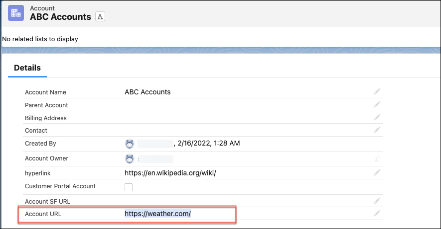 A custom Account URL field and the https://weather.com/ URL
