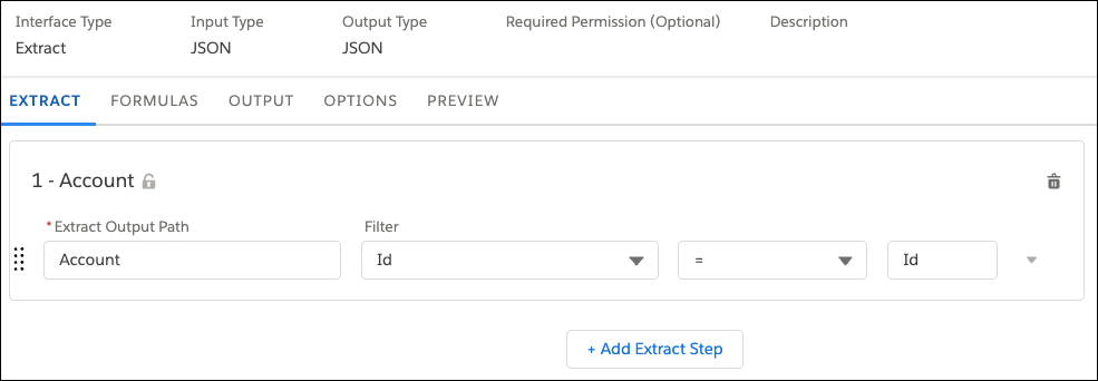 Extract tab of the Data Mapper Extract where we specified contract as the object to be queried and Id as the filter.