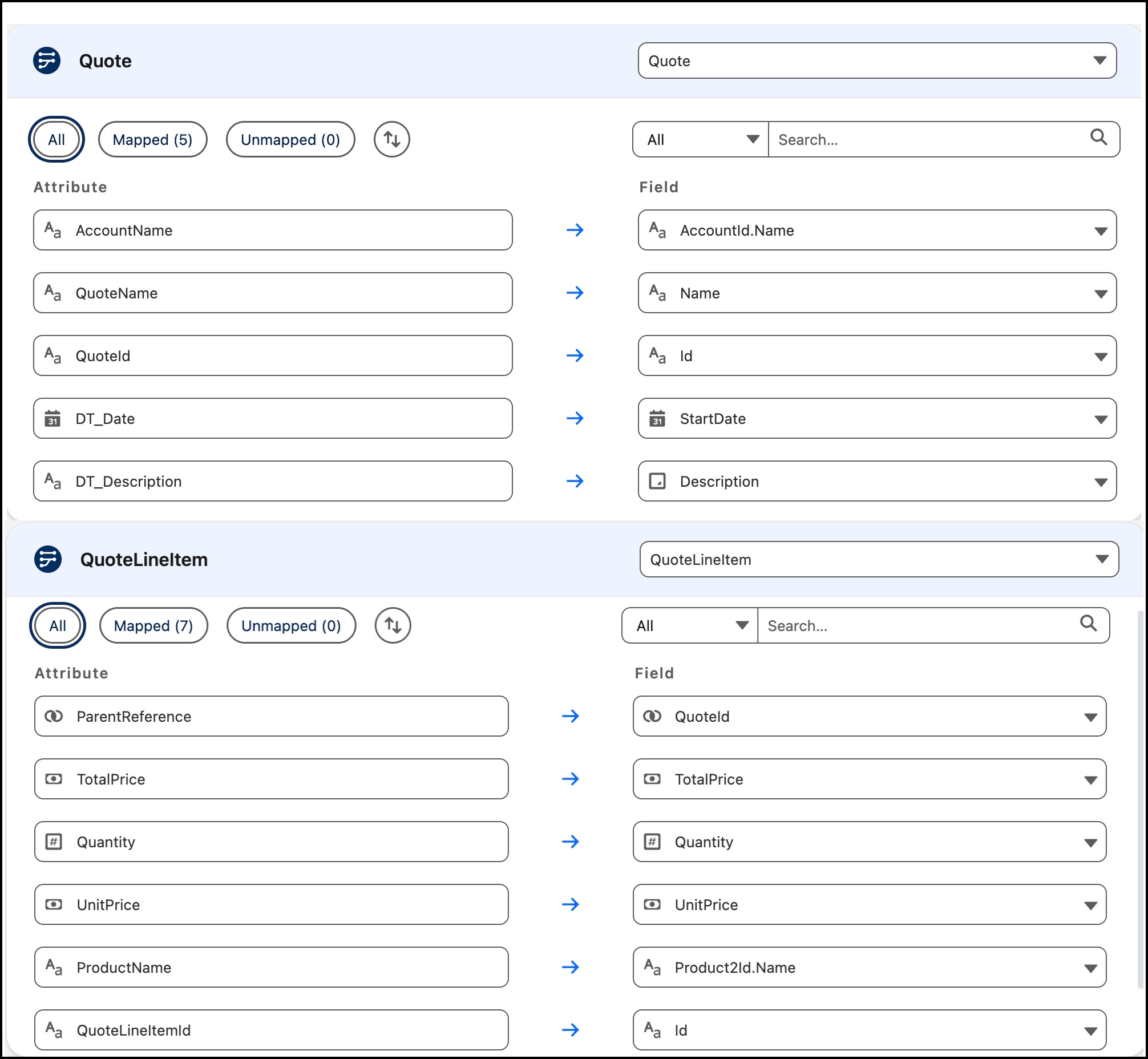Field mapping for Quote Line Item showing Quantity and Unit Price fields.