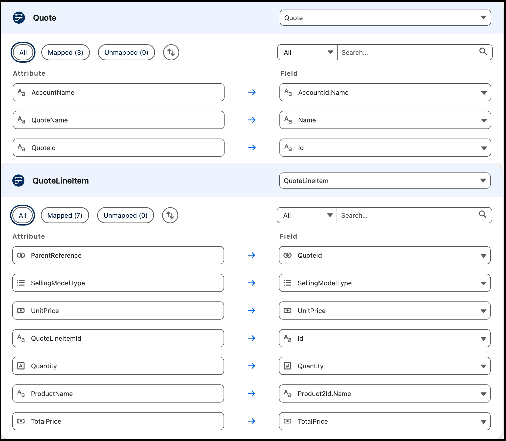 Context Definition showing field mapping for Quote Line Item, including Selling Model Type.