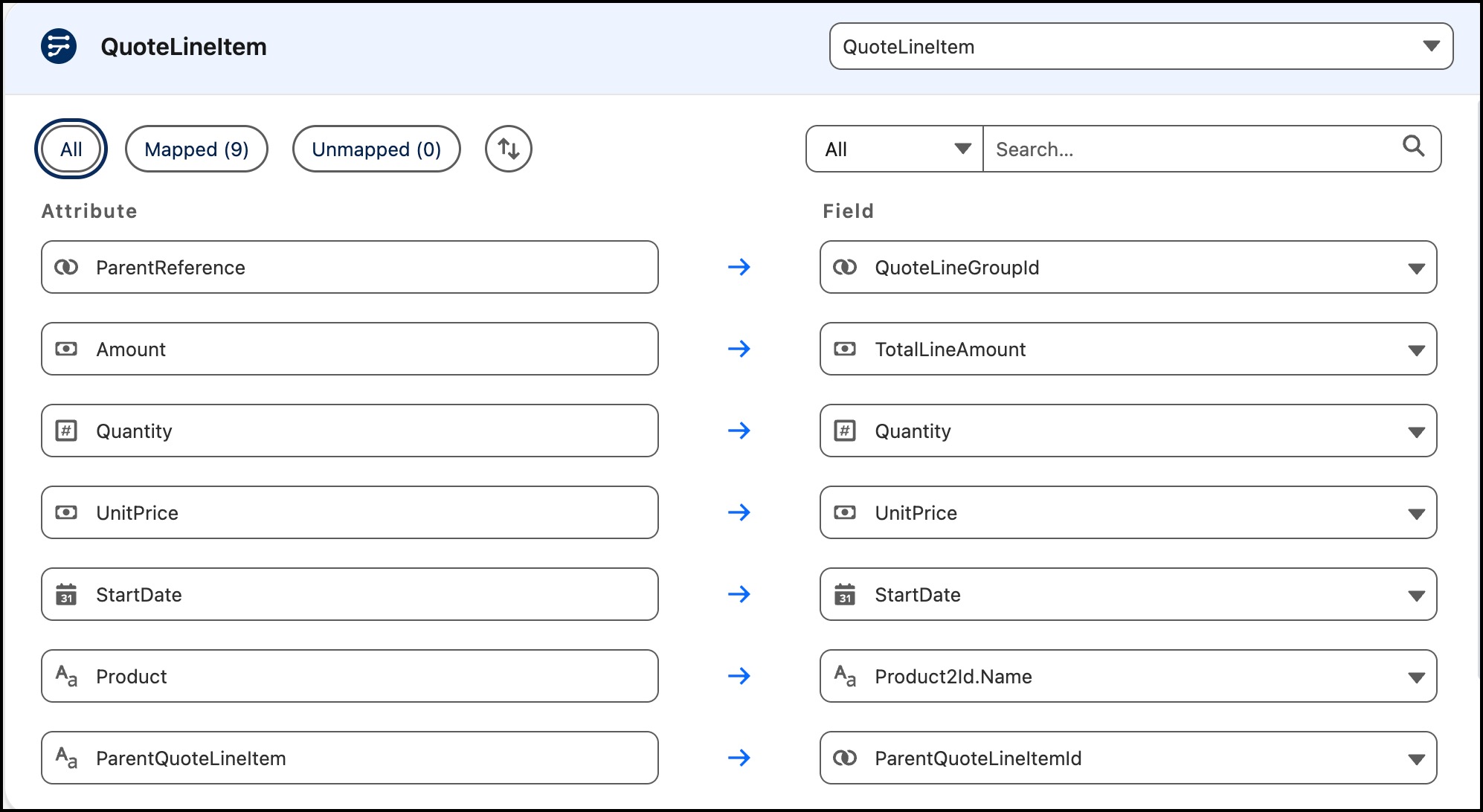 Field mapping for Quote Line Group showing Parent Reference mapped to Quote ID and Quote Line Group ID mapped to ID.