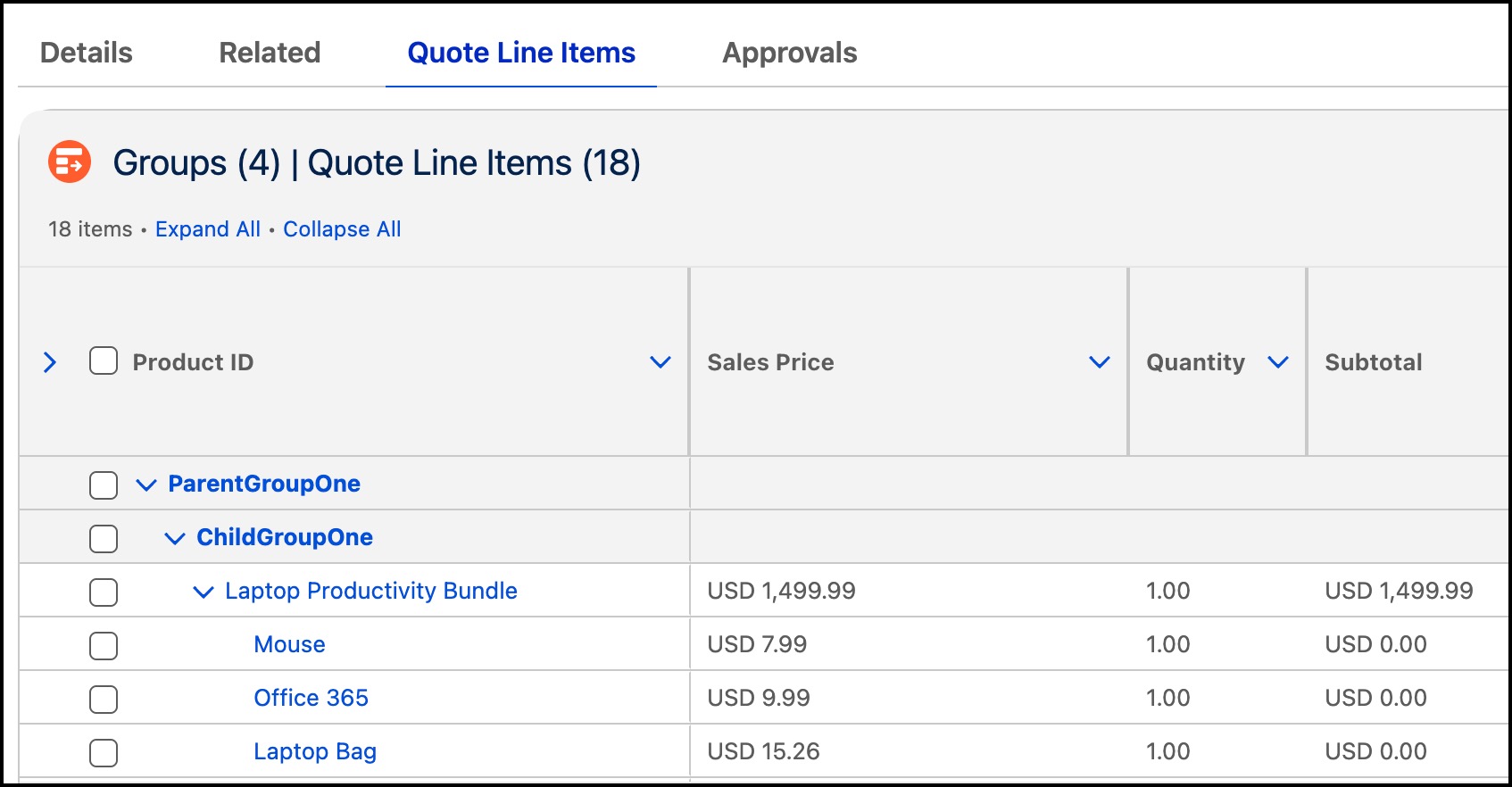 Quote line items showing groups, bundles, and nested products.