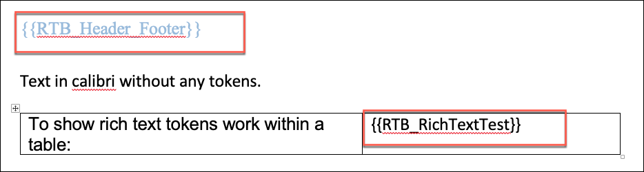 Image tokens used in the header and in a table in a document template.