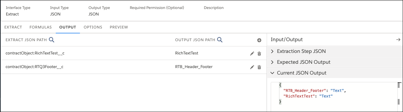 Data mapping from the extraction step JSON to the output JSON on the Output tab.
