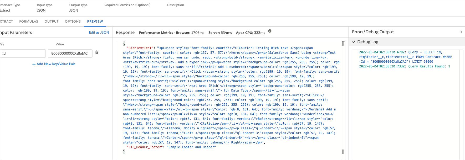 Preview tab where the mapping that you provided for the rich text is executed.