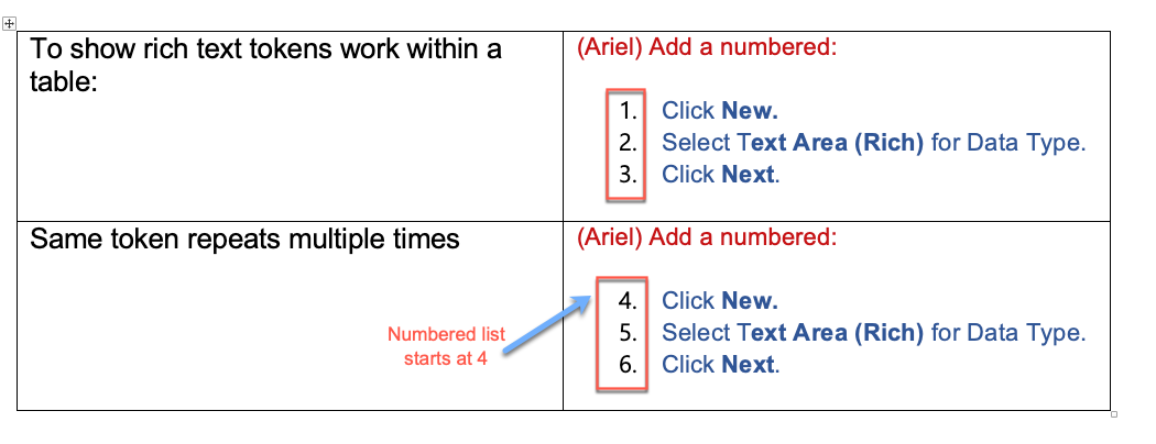 Numbering issue when the same rich text token is used more than once.