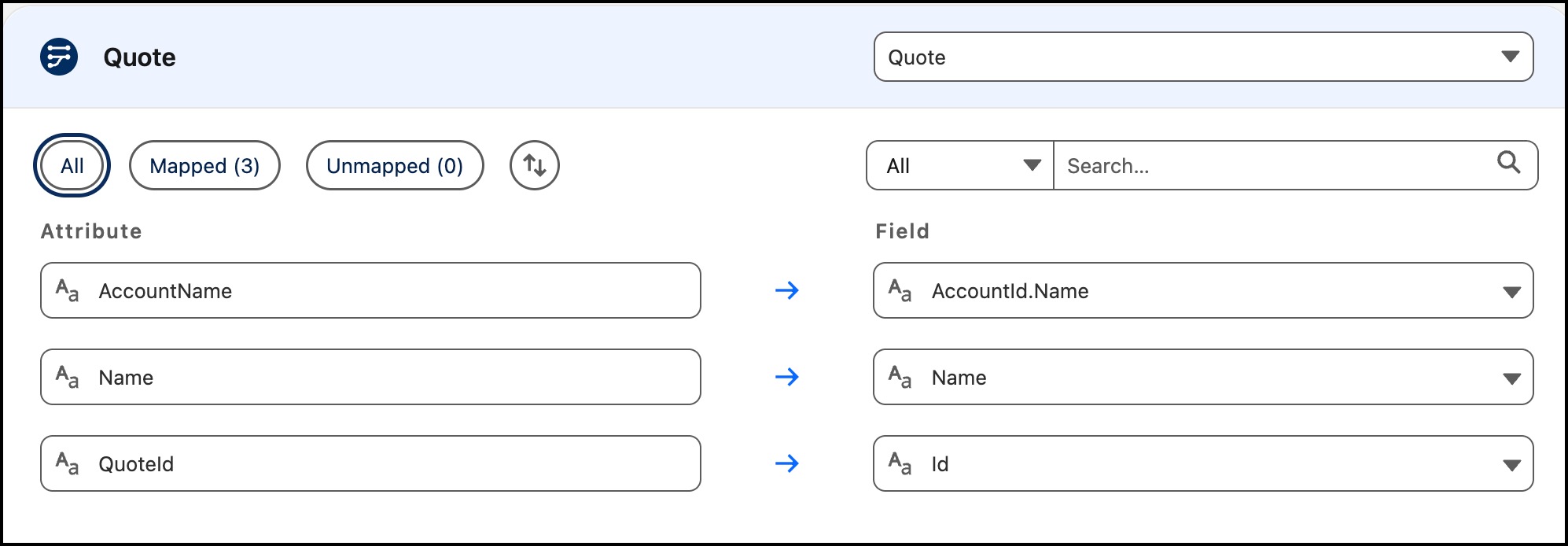 Field mapping for Quote showing Quote ID mapped to ID.