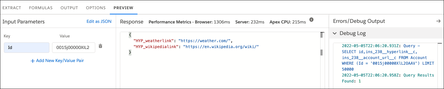 JSON structure containing the desired output. It shows the two hyperlinks https://weather.com and https://en.wikipedia.org/wiki/ we added.