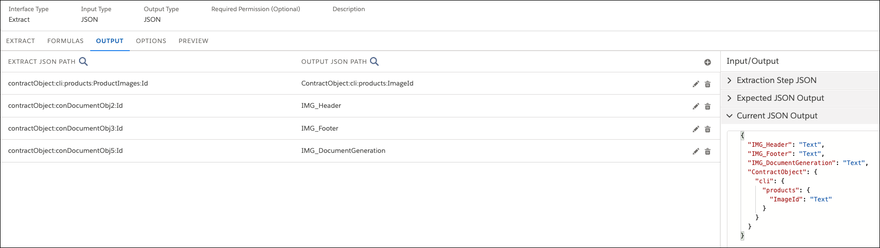Data mapping from the extraction step JSON to the output JSON on the OUTPUT tab