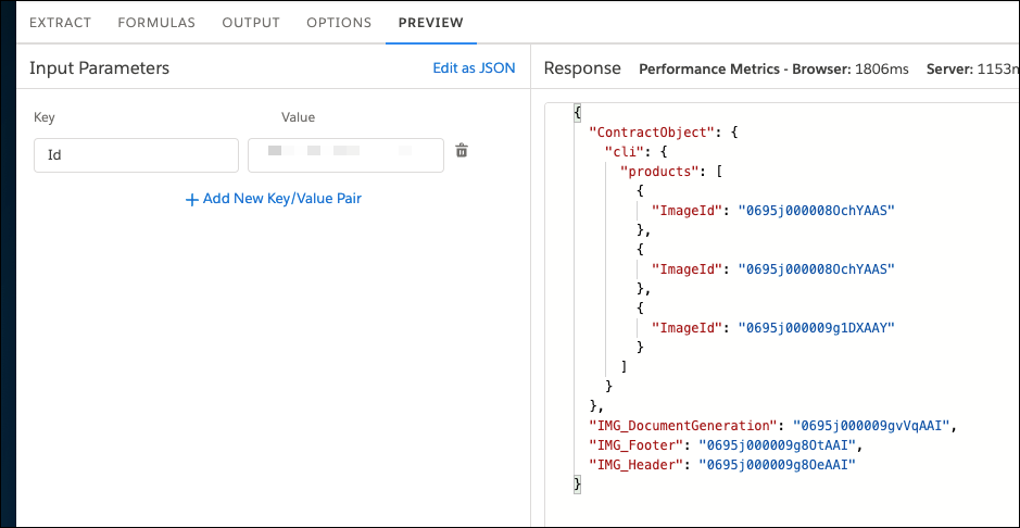 PREVIEW tab showing a JSON structure containing the desired output. The image ID is pulled from the desired objects.