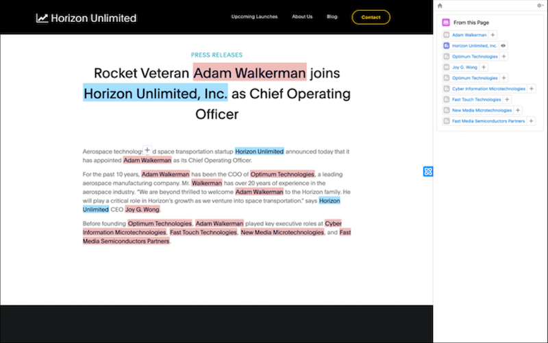 Highlighted person and company records on a web page