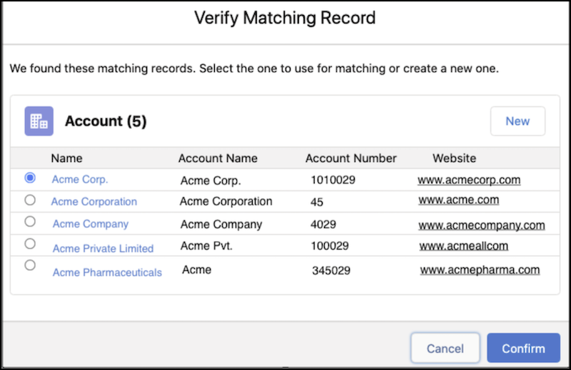 Verify Matching Record window