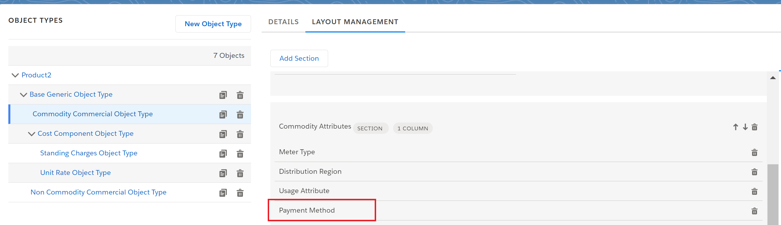Payment Method shown added to the Commodity Attributes section