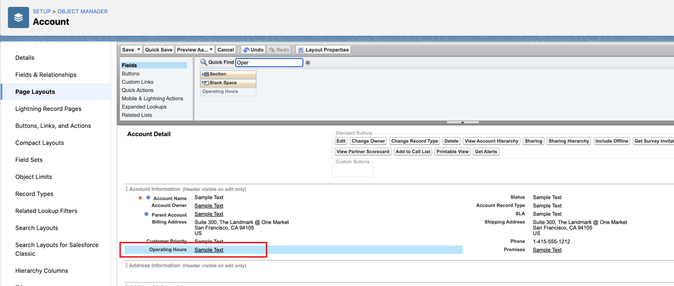 Operating Hours field in the Account Information section