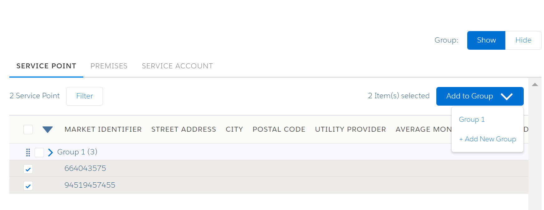 Selected service points in the Service Point tab