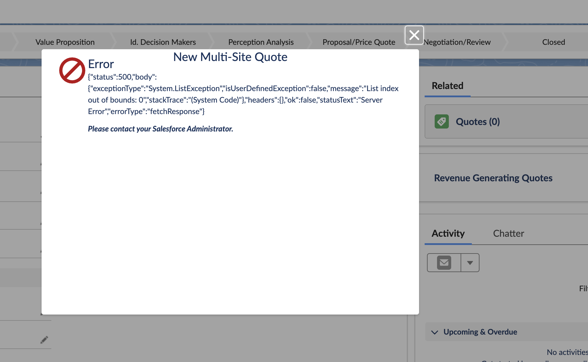 Error displayed while opening a new multi-site quote or order