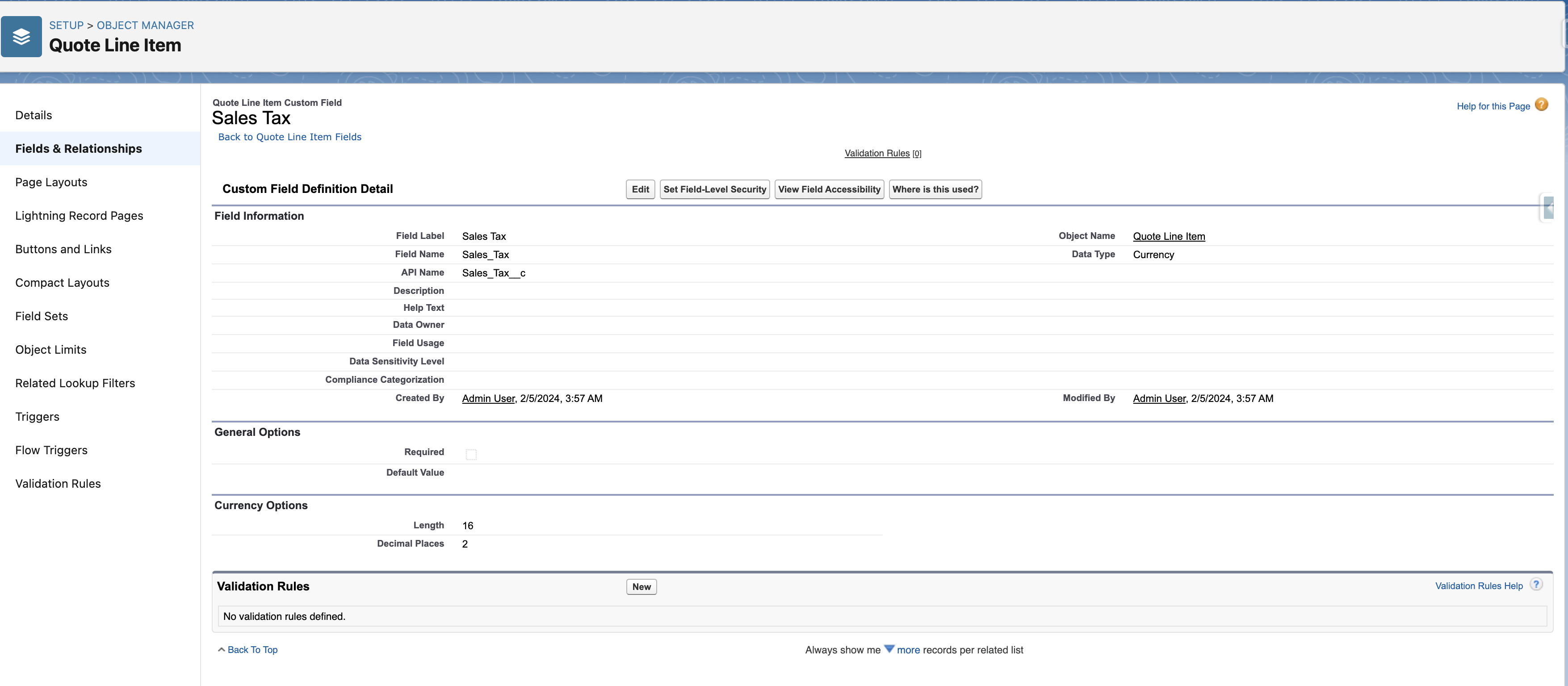 The Sales Tax field in the Quote Line Item object