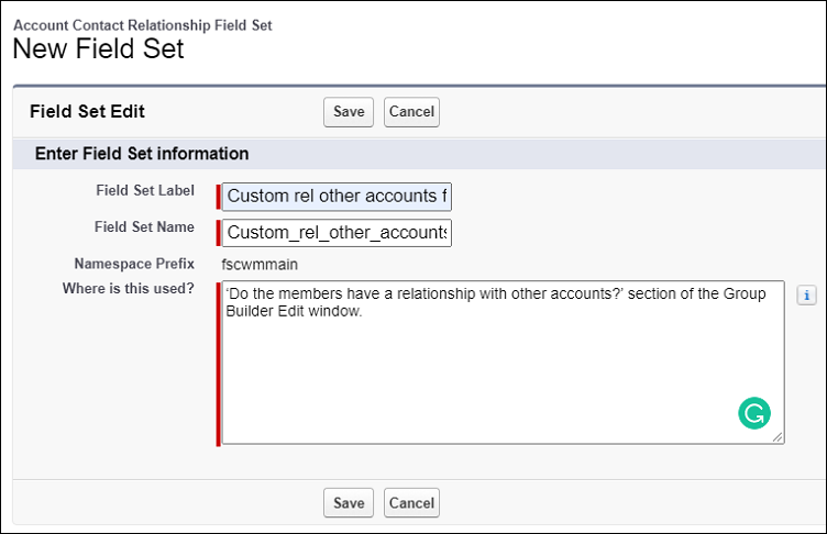 Field set group related to other accounts.