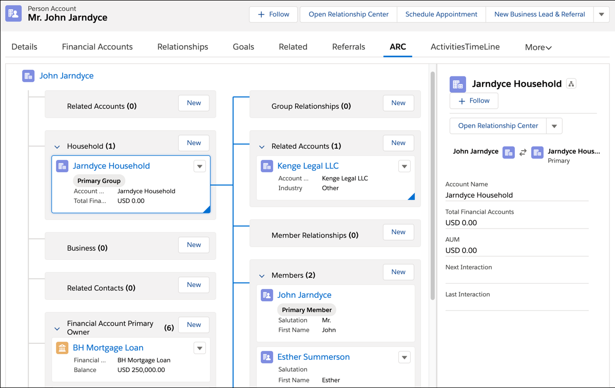 A person account's relationships displayed in the ARC interface