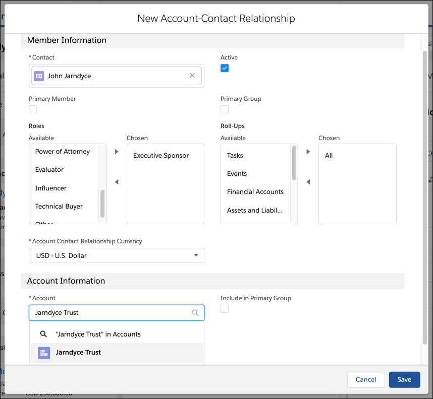 The New Account-Contact Relationship form launched from ARC