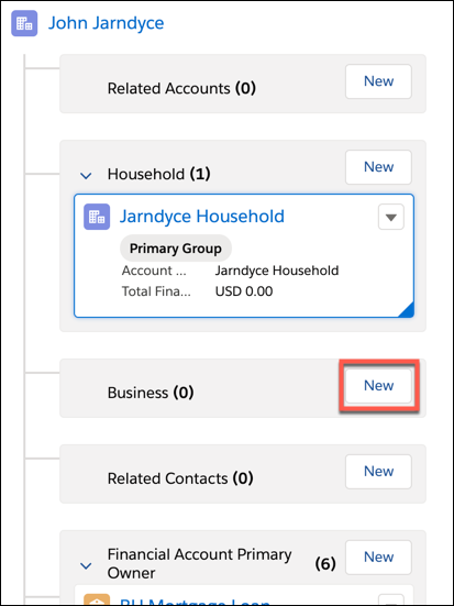 The New button in the Business card for a person account