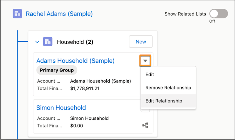 Relationship card dropdown menu